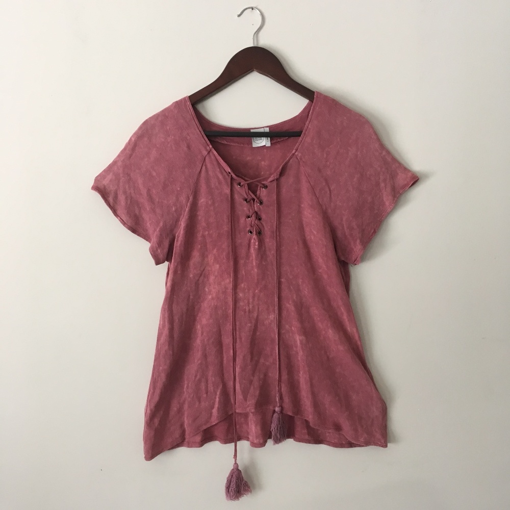 Anthro Rose Lace Up T shirt with Tassels